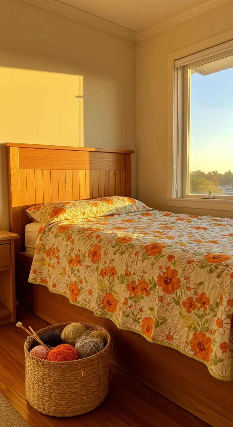 Bedroom with an oak headboard and a bright orange retro floral quilt.