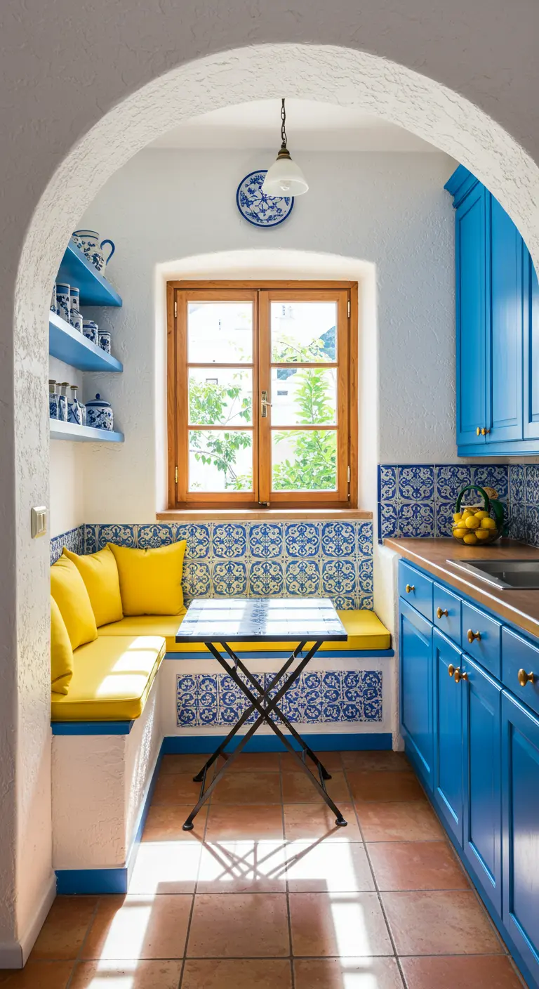 Mediterranean-style kitchen nook with blue and white tile and yellow cushions.