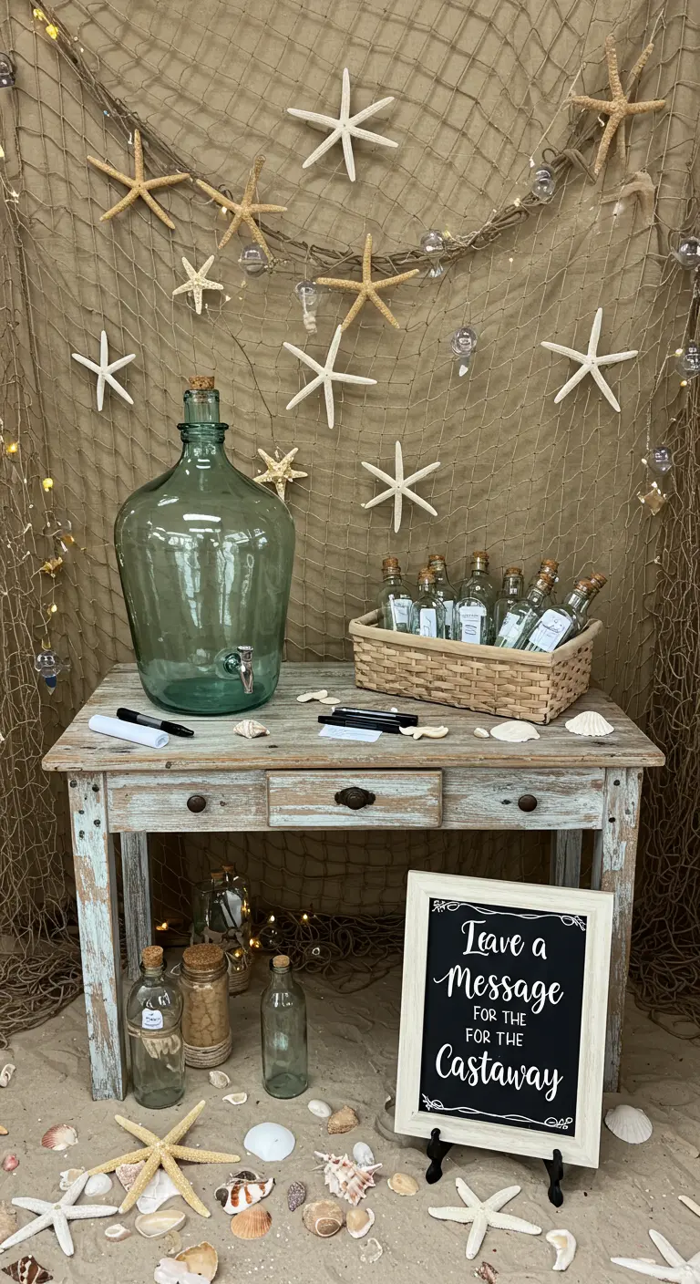 A guest book station with a large jug and small bottles for messages.