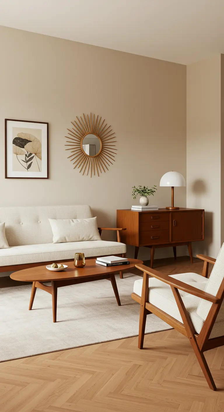 Mid-century modern living room with a teak credenza, a cream sofa, and a sunburst mirror.