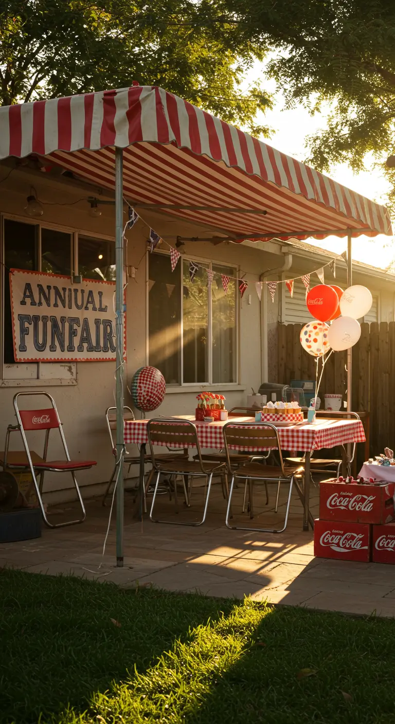 A retro-style backyard carnival with a striped umbrella, gingham tablecloth, and vintage signs.