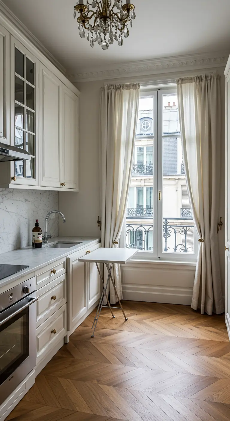 Elegant Parisian kitchen with herringbone floors and a small folding bistro table by the window.