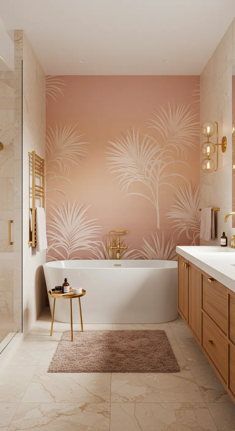 Bathroom with peach-pink palm wallpaper, a light wood vanity, and gold accents.