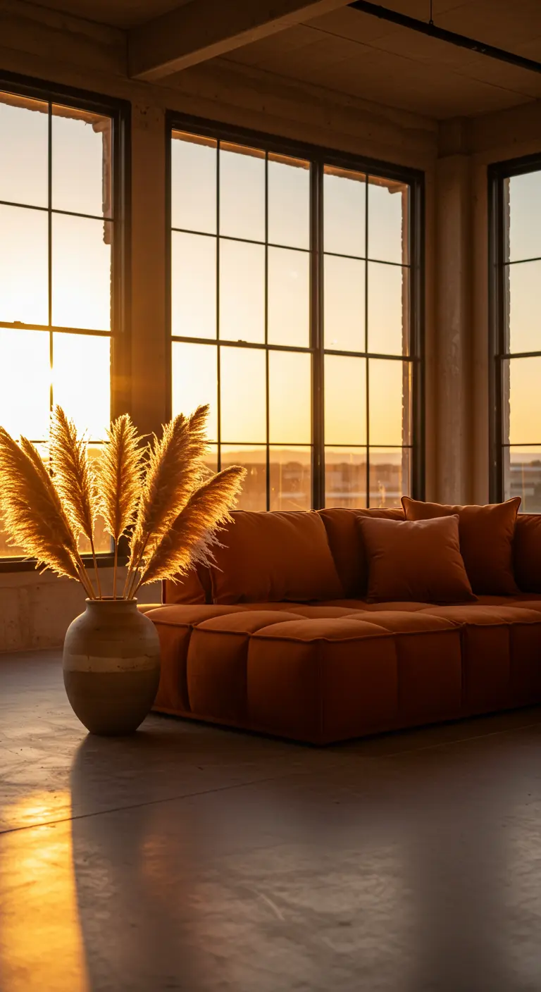 A terracotta-colored sofa in a loft, with pampas grass in a vase catching the sunset light.