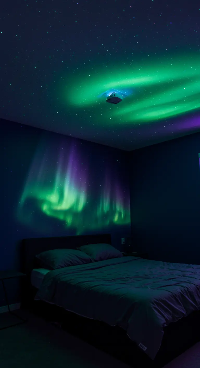 A dark bedroom illuminated by a projector casting a green and purple aurora borealis effect.