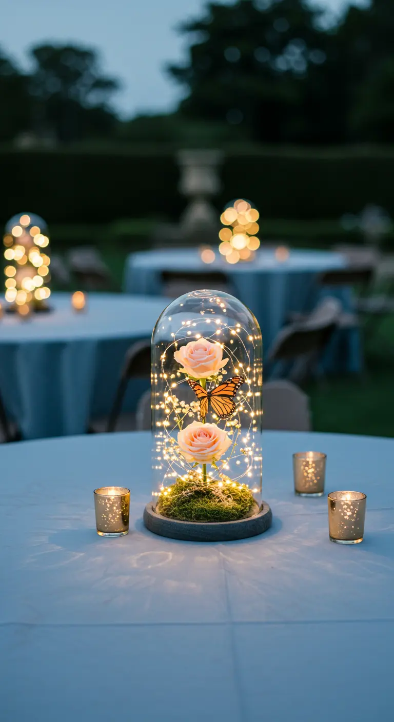 A glass cloche covers two pink roses and fairy lights, with a butterfly inside.