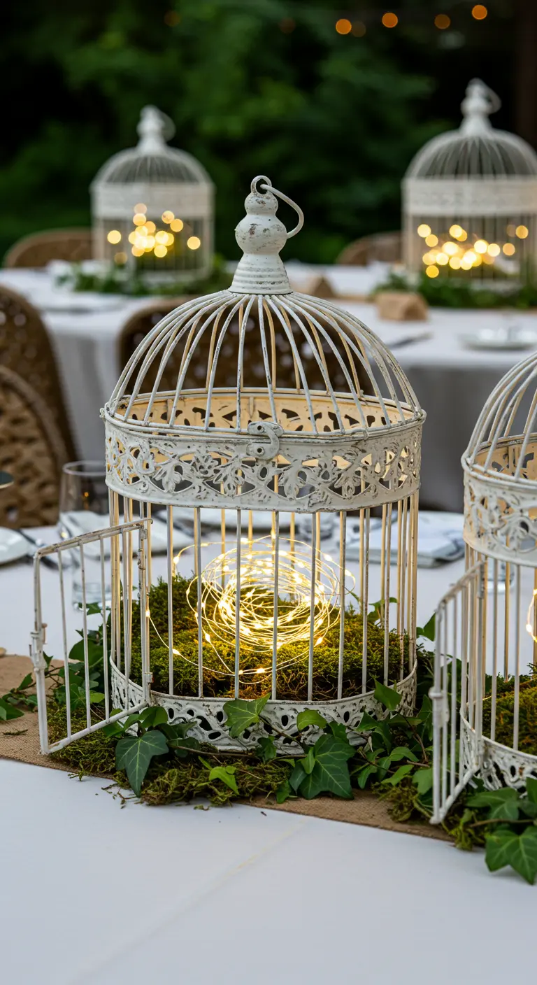 White vintage birdcage centerpiece with moss and fairy lights inside.