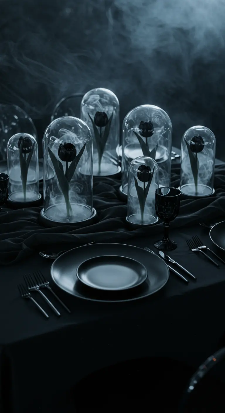 Black tulips under glass cloches filled with swirling smoke on a dark tablescape.
