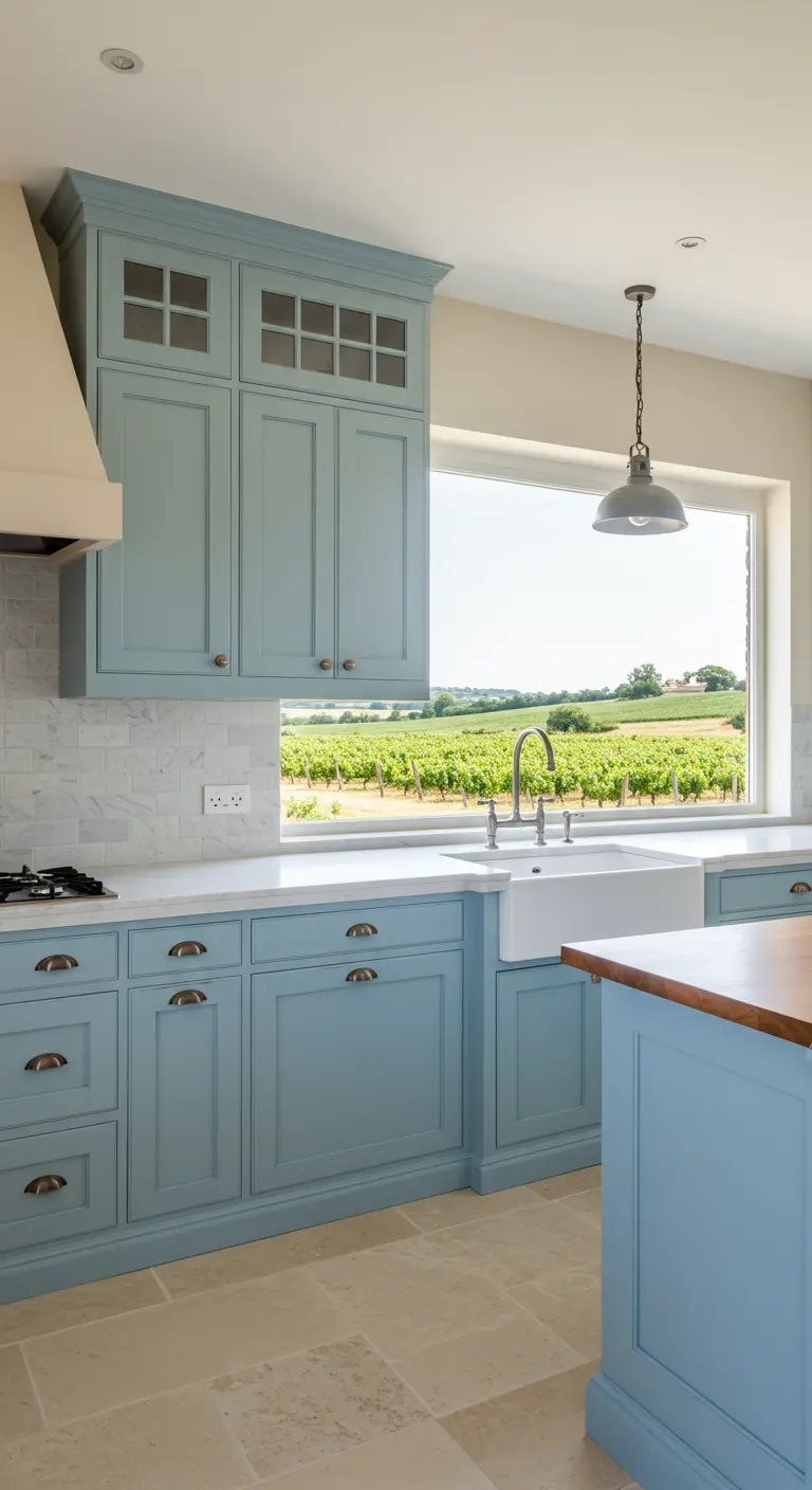 A Country French kitchen with light blue cabinets and a wide window overlooking a vineyard.