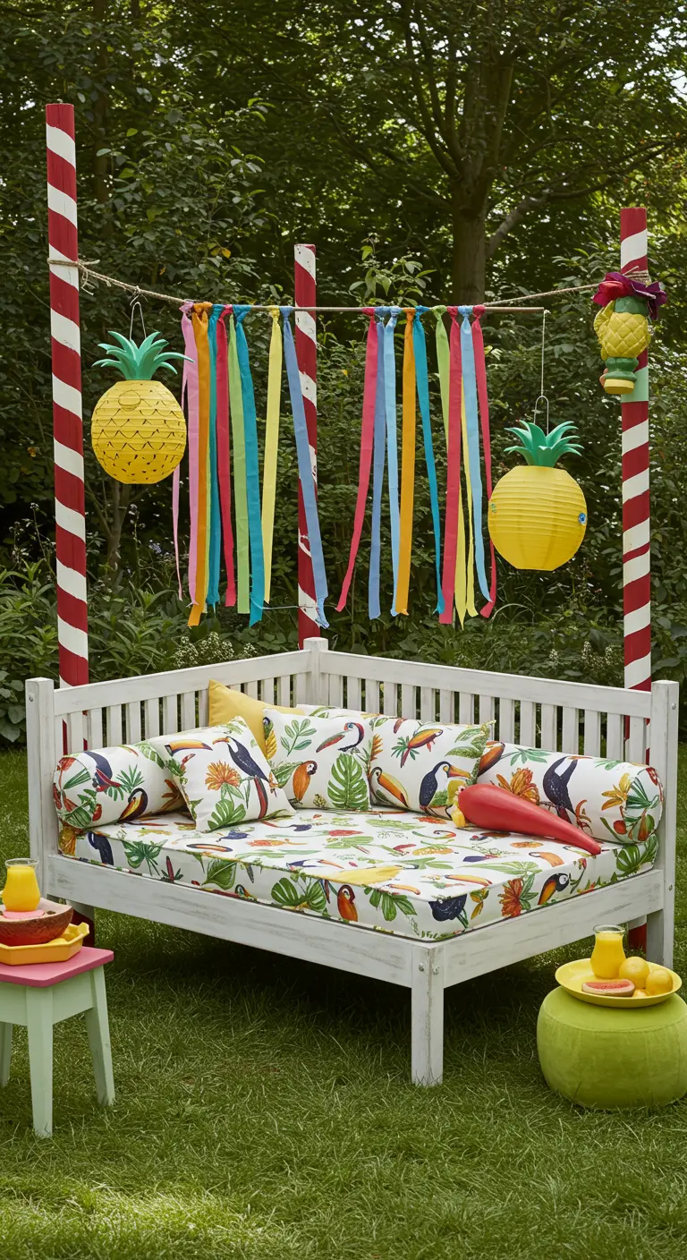White daybed with toucan-print cushions, candy-striped posts, and pineapple lanterns.