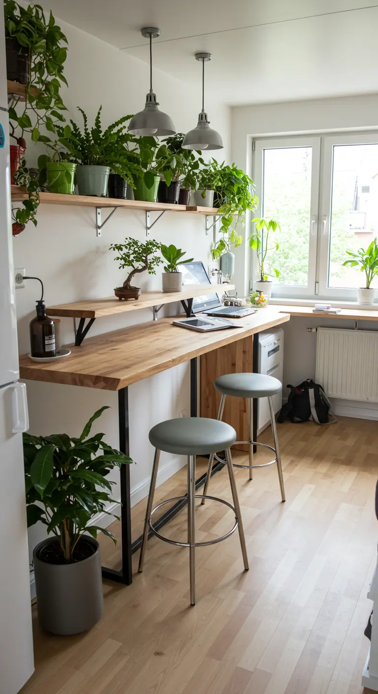 A long wooden desk against a kitchen wall, with a high shelf full of plants above.