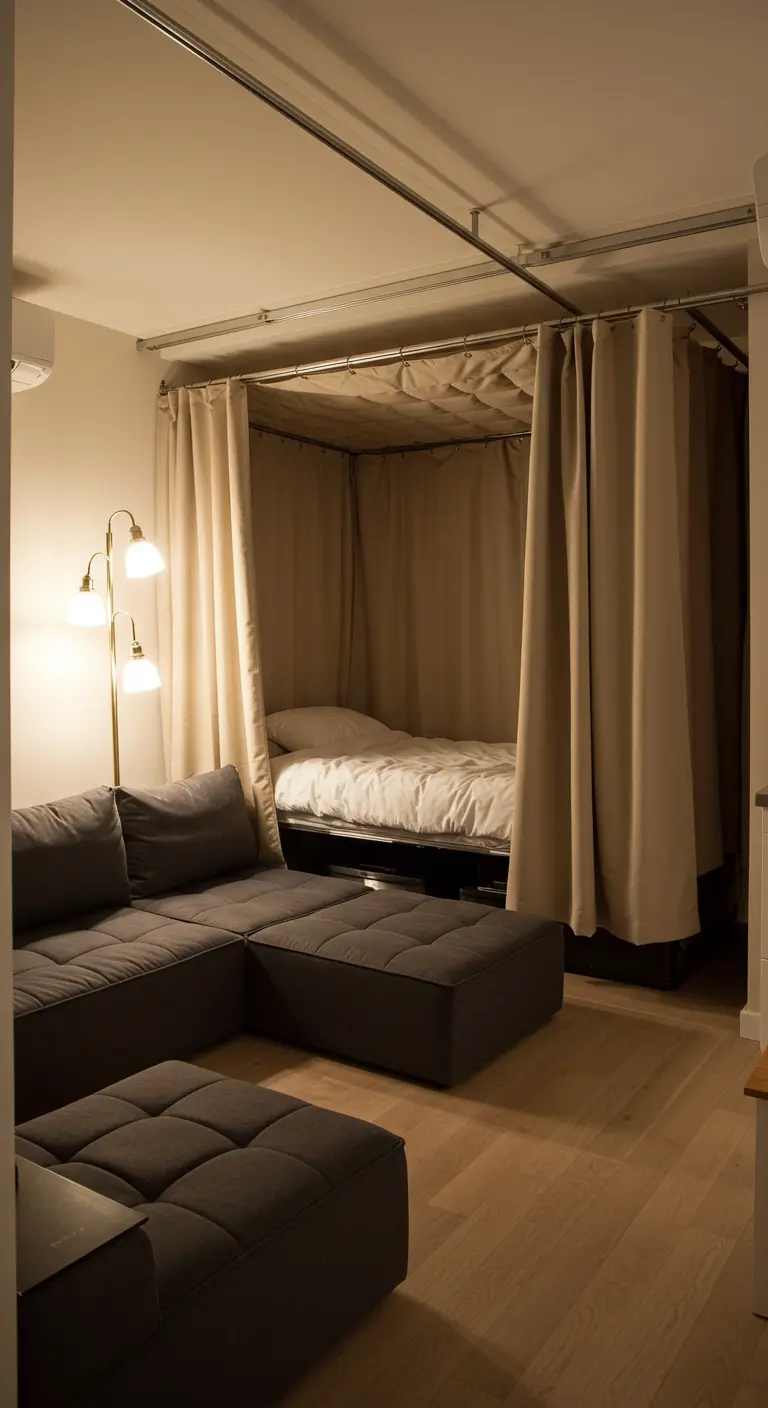 A dark gray modular sofa in front of a bed enclosed by beige curtains.