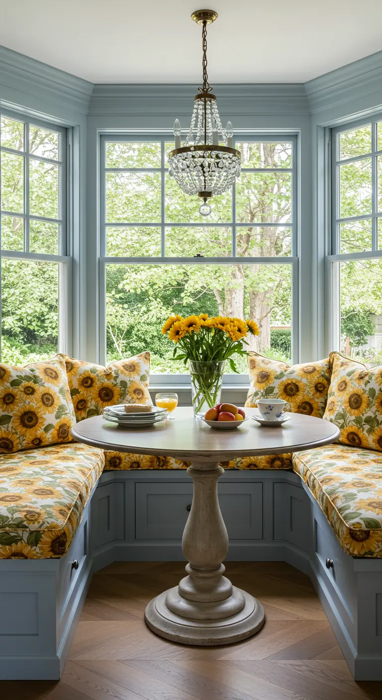 A breakfast nook in a bay window with blue banquettes and yellow sunflower-print cushions.