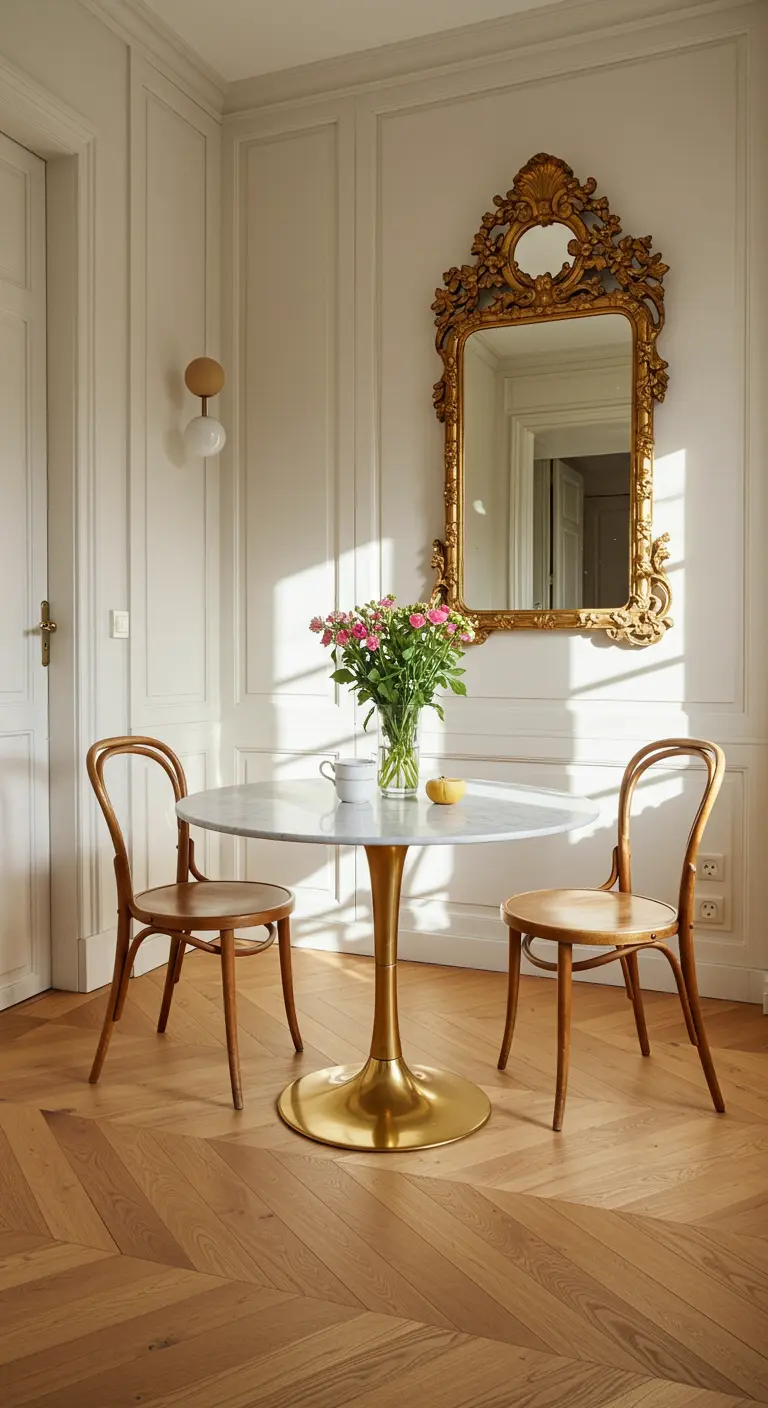 Small dining nook with a round marble bistro table, two chairs, and an ornate gold mirror.