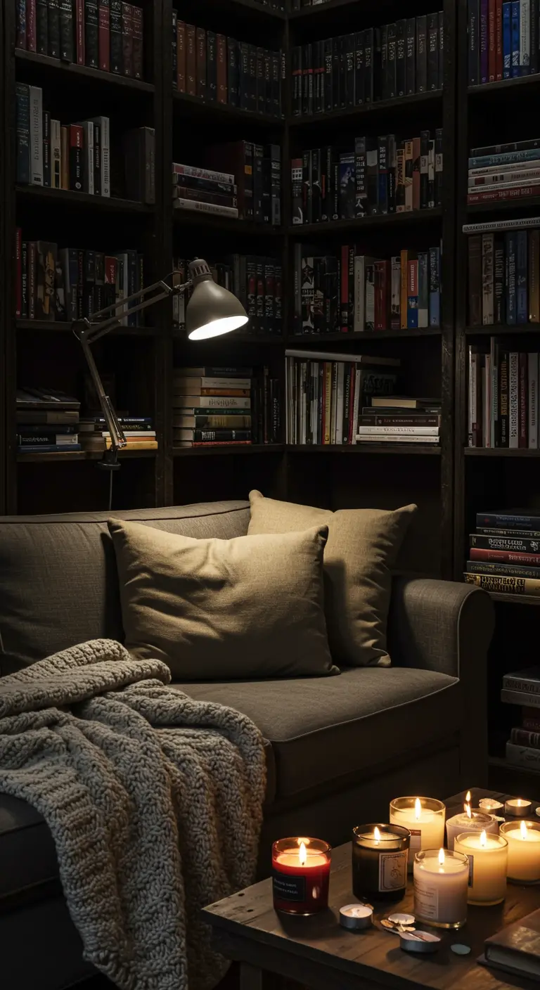 Sofa with a knit throw in a dark library, lit by a task lamp and candles on a coffee table.