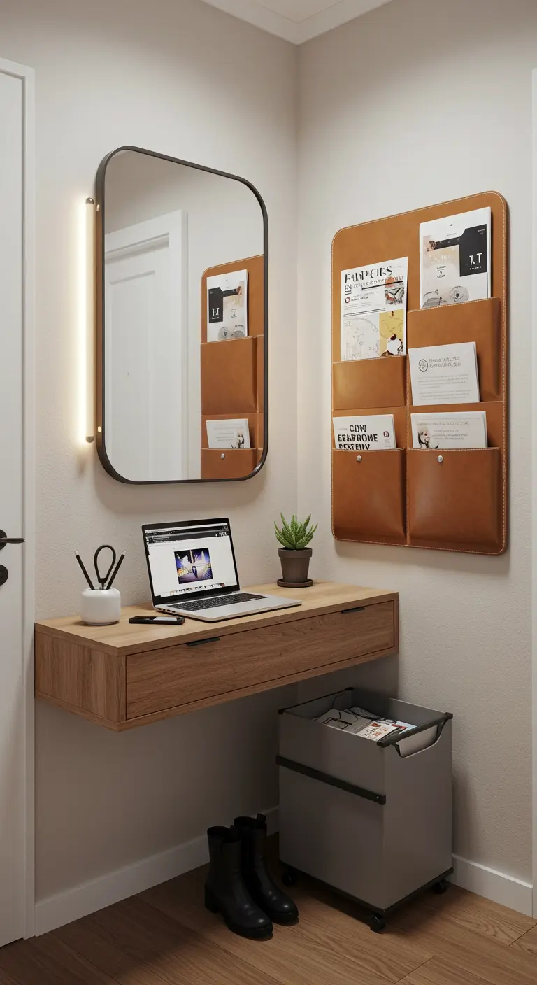 A floating wood desk in an entryway with a laptop, mirror, and a leather wall mail organizer.