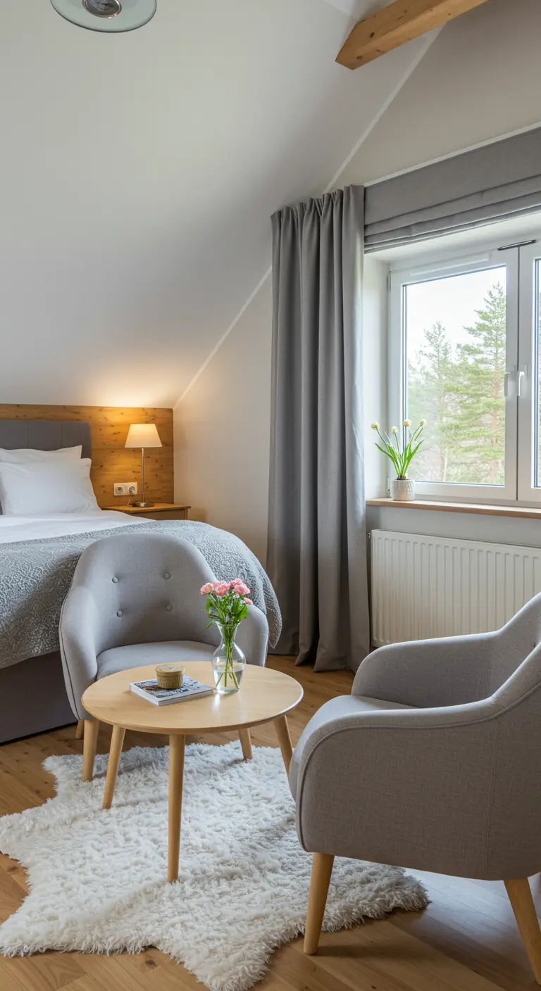 Bedroom sitting area with two grey chairs and a coffee table on a sheepskin rug.