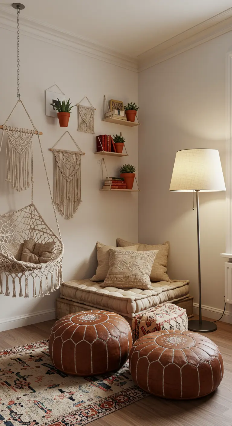 Cozy bohemian reading nook with a macrame hanging chair and leather poufs.