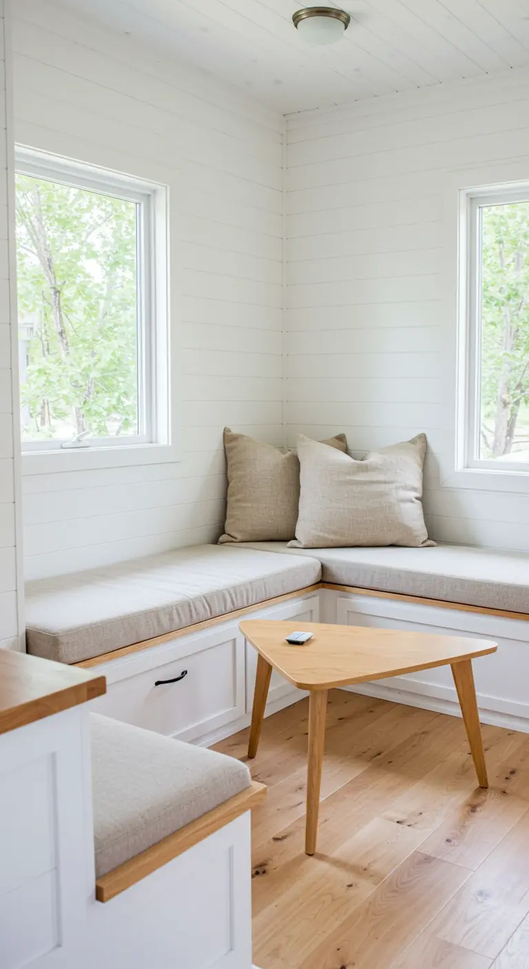 A cozy corner with a built-in L-shaped bench, beige cushions, and a small triangular wood table.