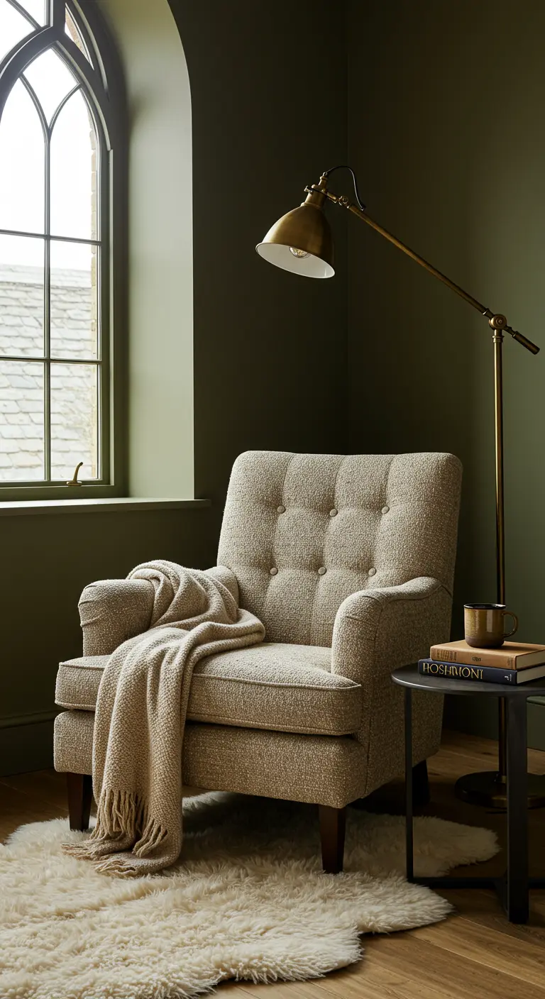 Cozy reading corner with a tufted armchair and an olive green wall.