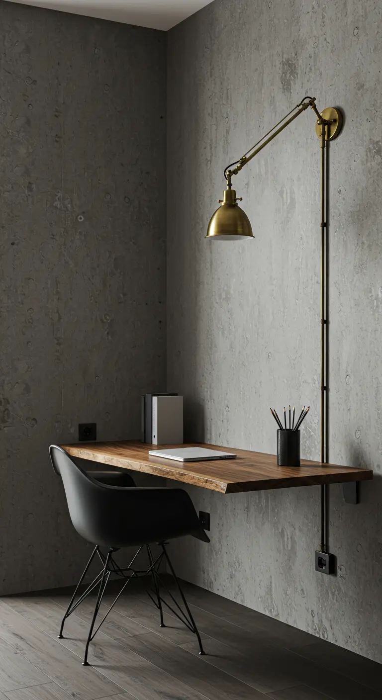 A floating wooden desk in a concrete corner with a black chair and a brass wall lamp.