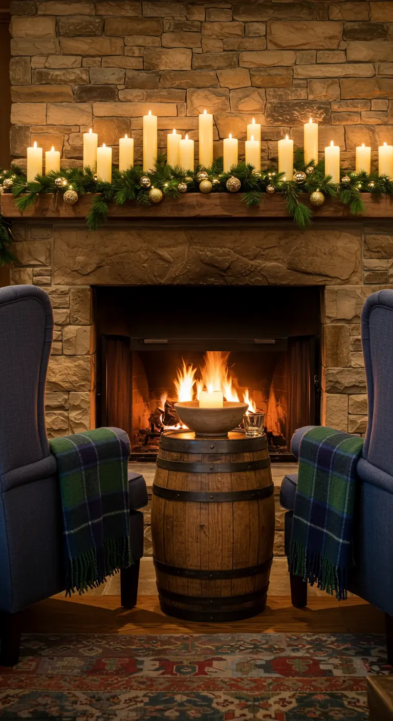 Two armchairs by a fire with a wine barrel table between them, set for a cozy chat.