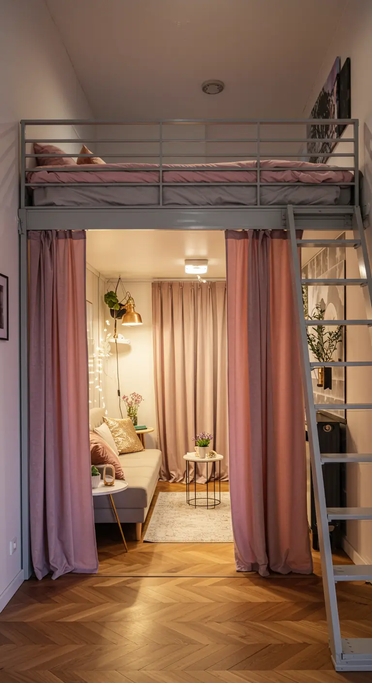 Pink curtains enclose the lounge area underneath a metal loft bed.