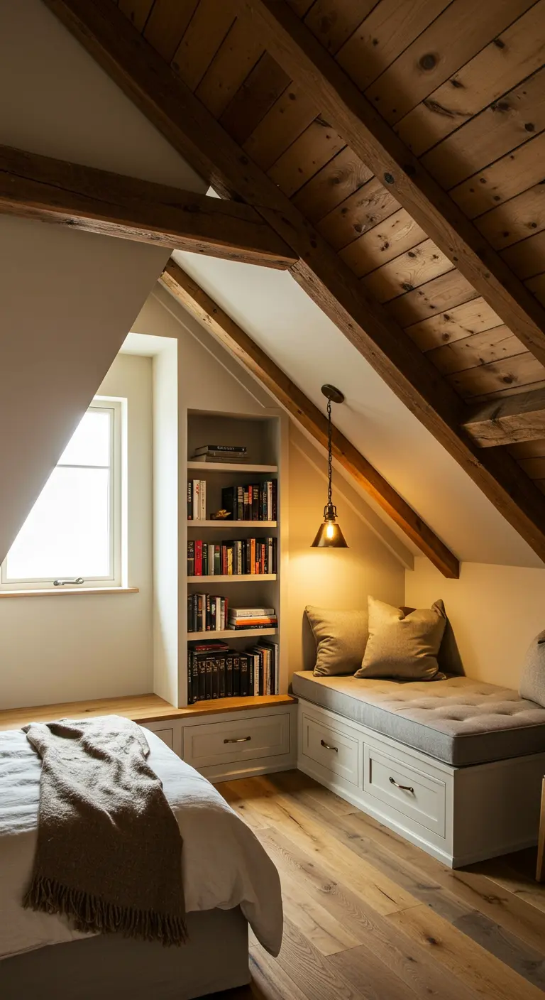 Bedroom with a built-in reading nook, bookshelves, and storage under a sloped ceiling.