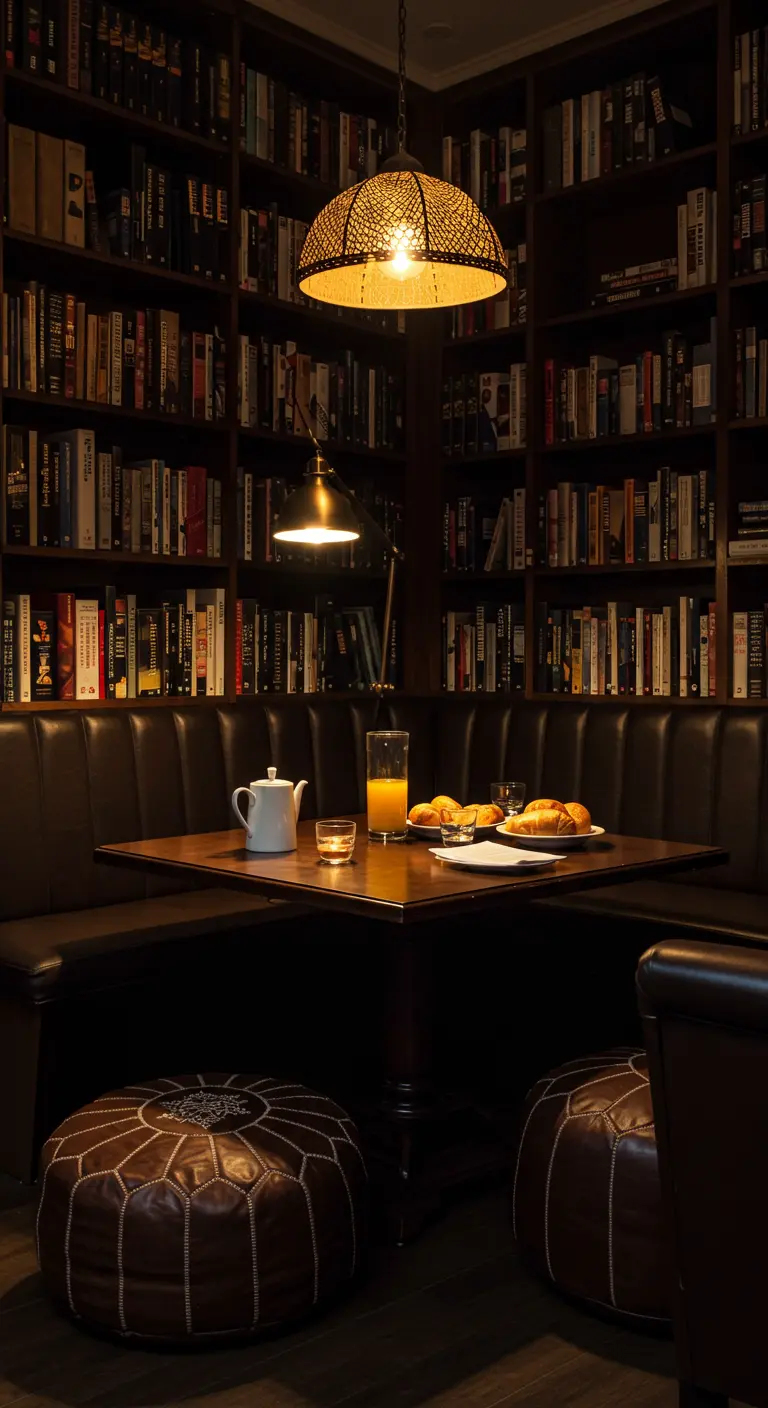 Dark home library with a leather banquette, built-in bookshelves, and two brown leather poufs.