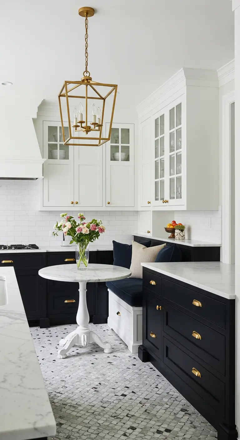 Kitchen with black lower cabinets, a breakfast nook, and a gold lantern pendant.