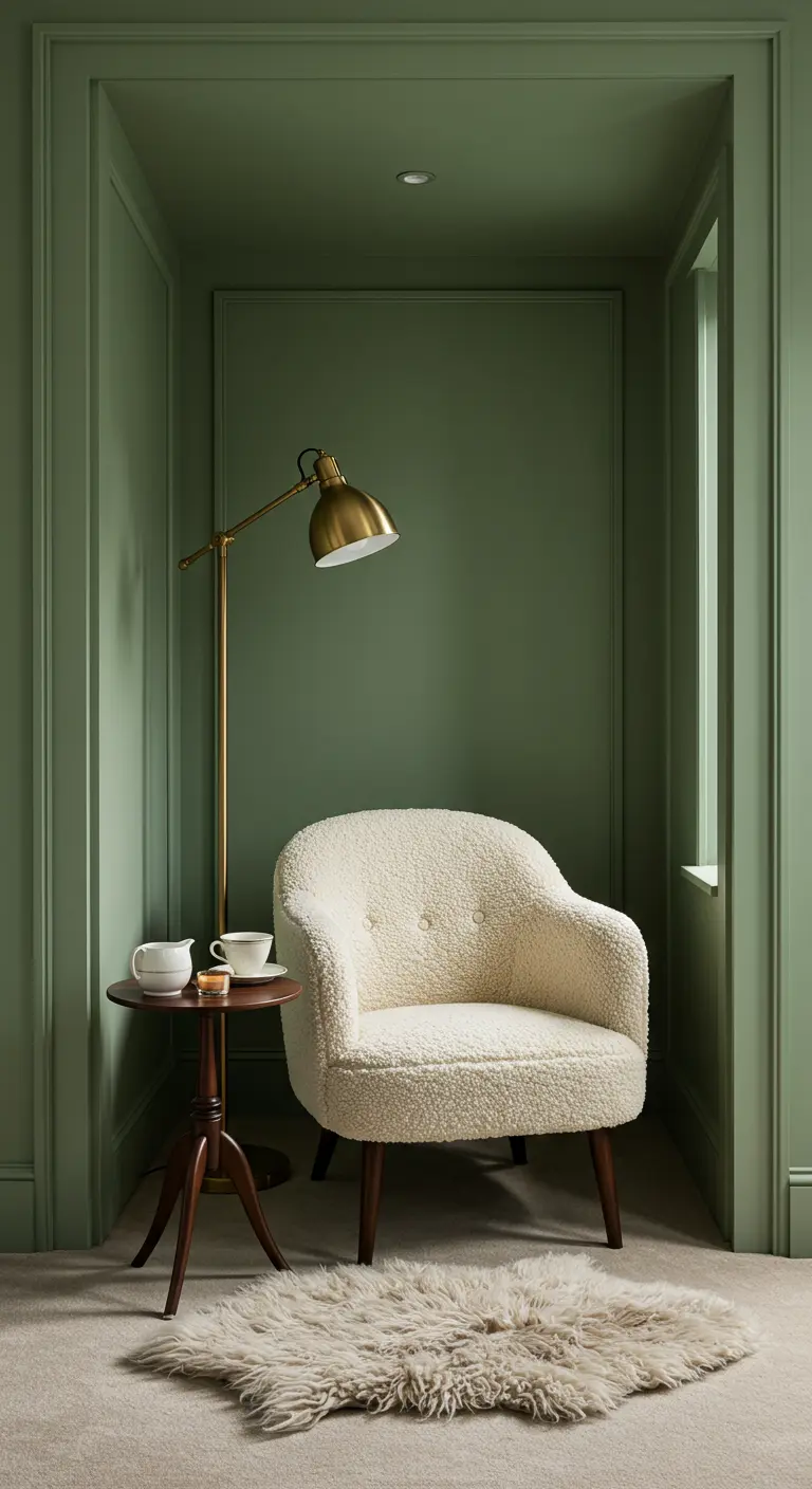 A cozy reading nook painted entirely in sage green, with a cream bouclé chair and brass lamp.