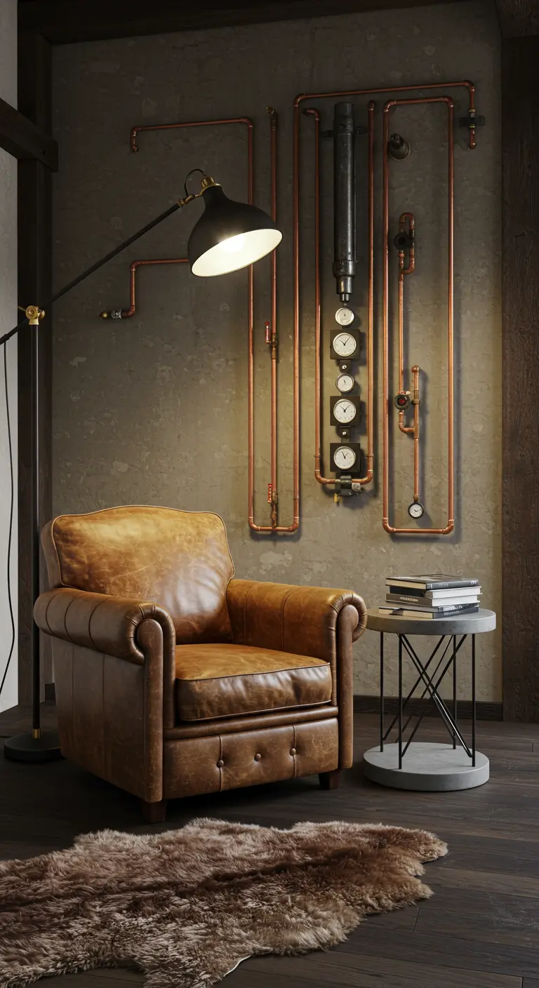 A cozy reading corner with a leather armchair, a sheepskin rug, and exposed copper pipes on the wall.