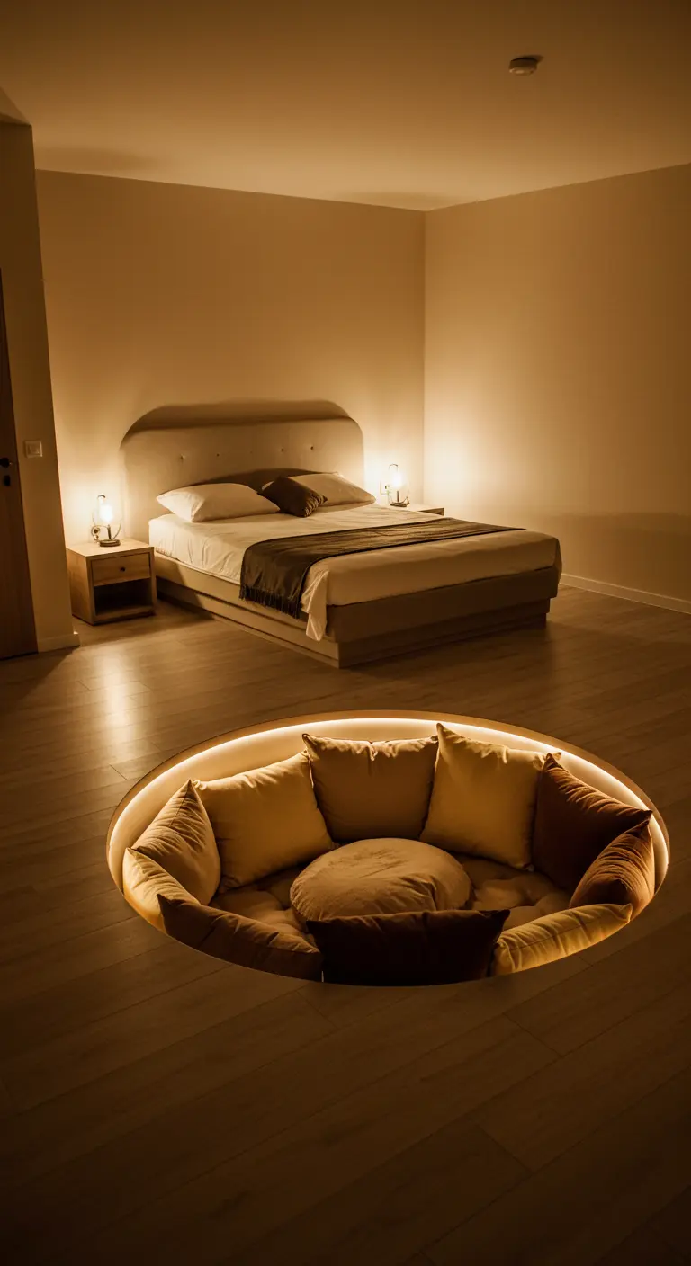 A sunken, circular conversation pit filled with pillows is lit from within.