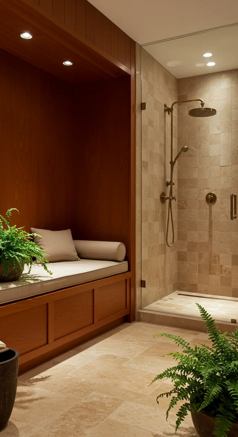 A built-in wood seating nook with cushions next to a travertine tile shower.