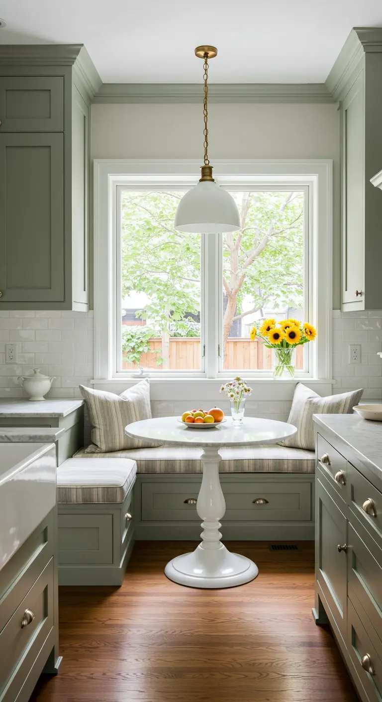 Sage green kitchen with a built-in breakfast nook, pedestal table, and striped cushions.