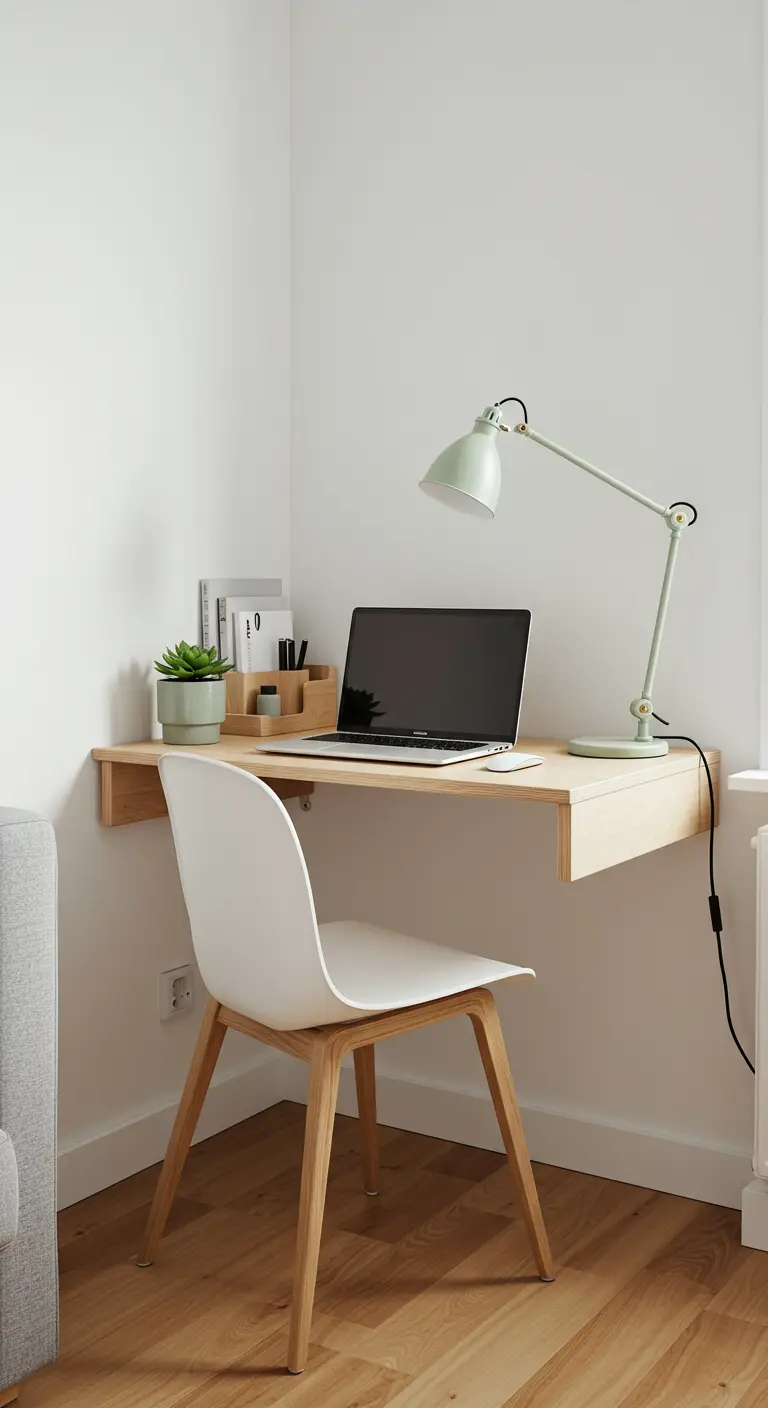 A minimalist floating wood desk in a corner with a white chair and mint green lamp.