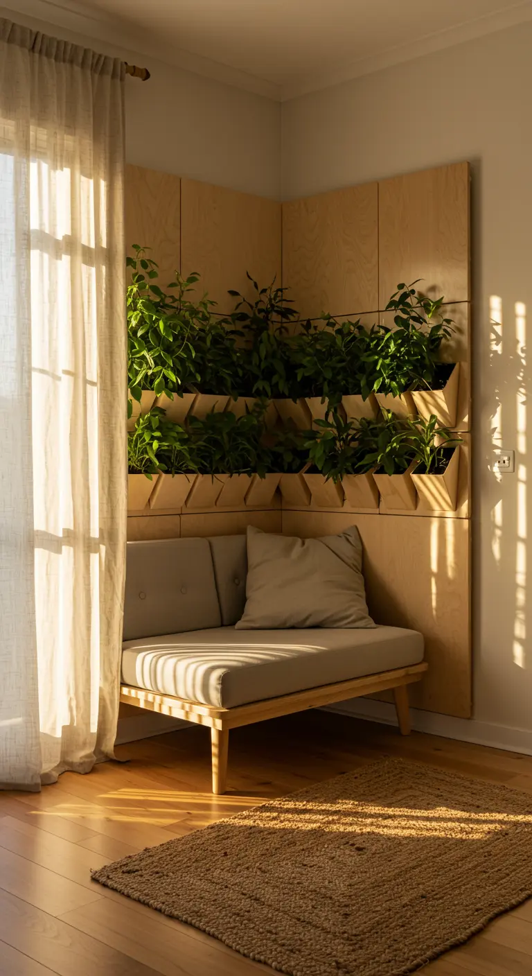 A cozy reading corner with a light wood loveseat and a built-in tiered wall planter.