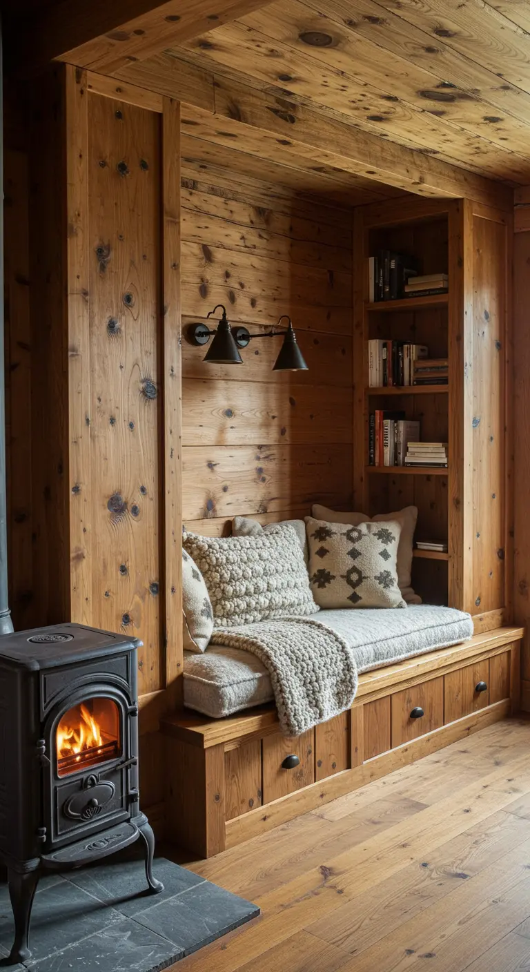 Cozy built-in reading nook with chunky knit pillows and a small wood stove.