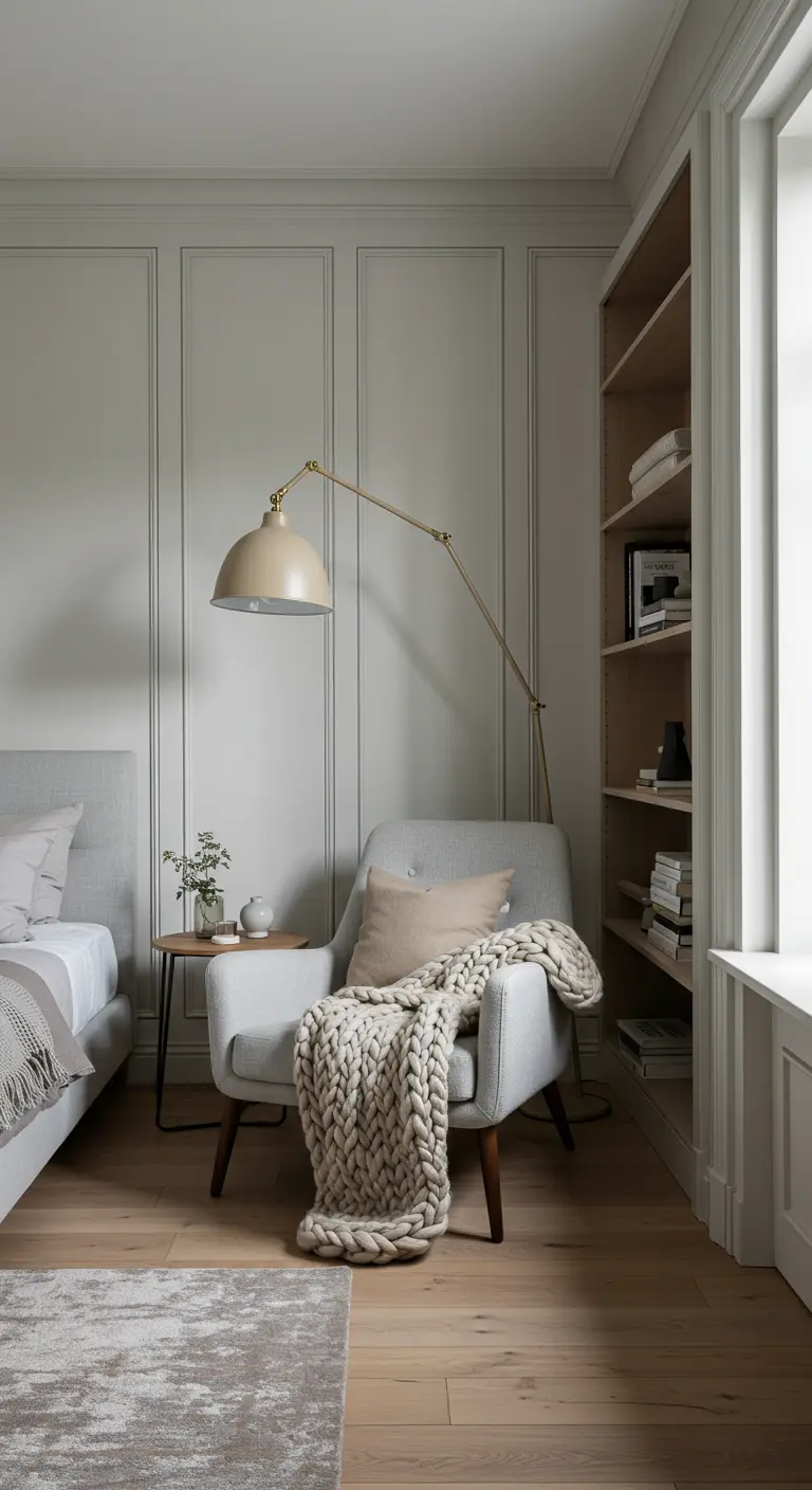 A cozy bedroom reading corner with a grey armchair, floor lamp, and a chunky knit throw.