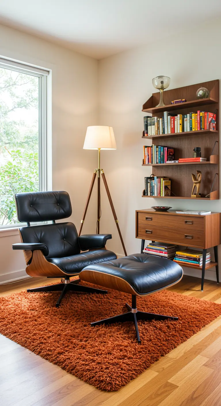 Reading nook with an Eames lounge chair, orange shag rug, and a walnut shelving unit.