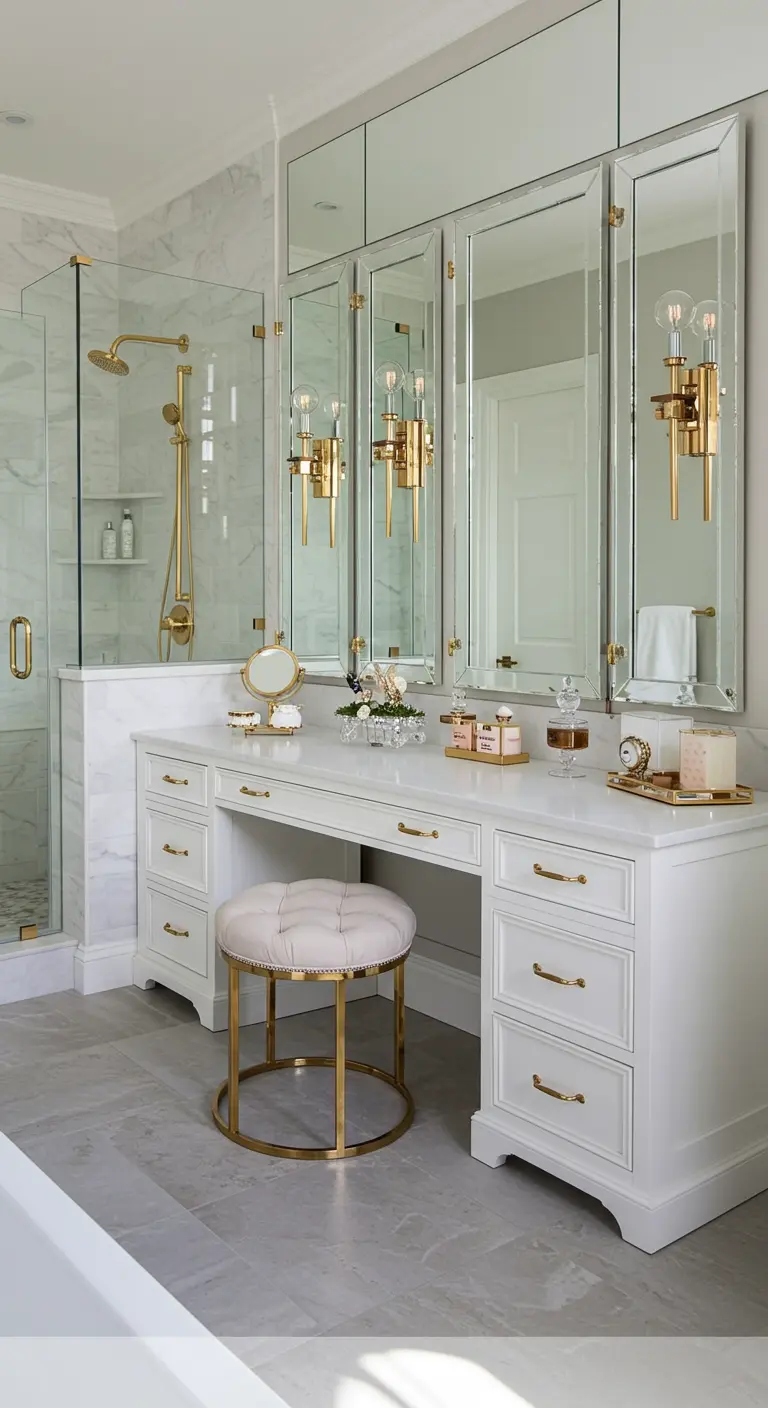 White bathroom with a built-in makeup vanity nook, tufted stool, and tri-panel mirror.