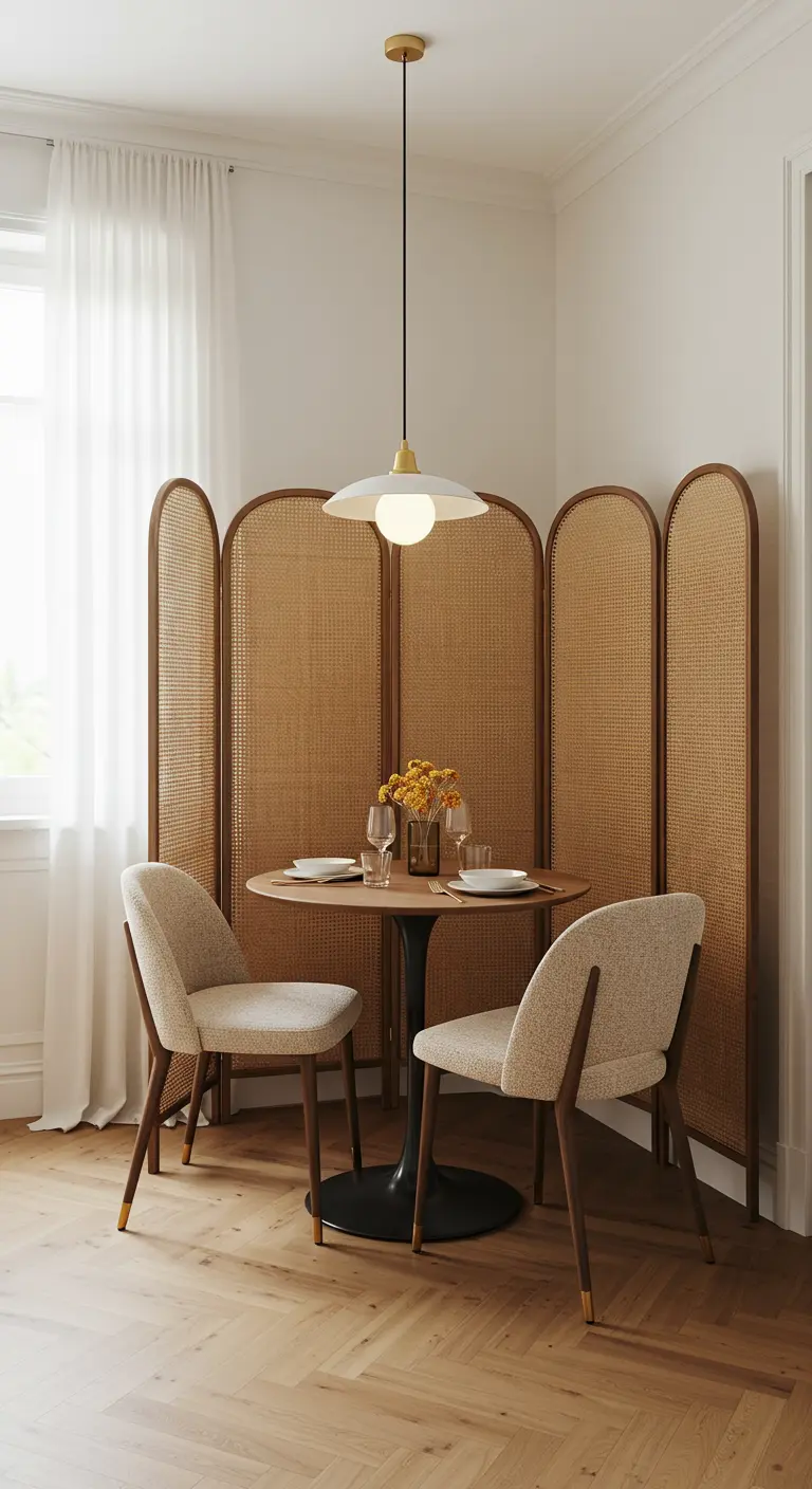 A cane folding screen enclosing a small round dining table and two chairs.