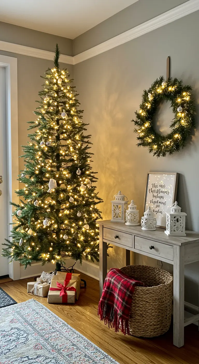Entryway corner with a Christmas tree, a wreath on the wall, and lanterns on a console table.