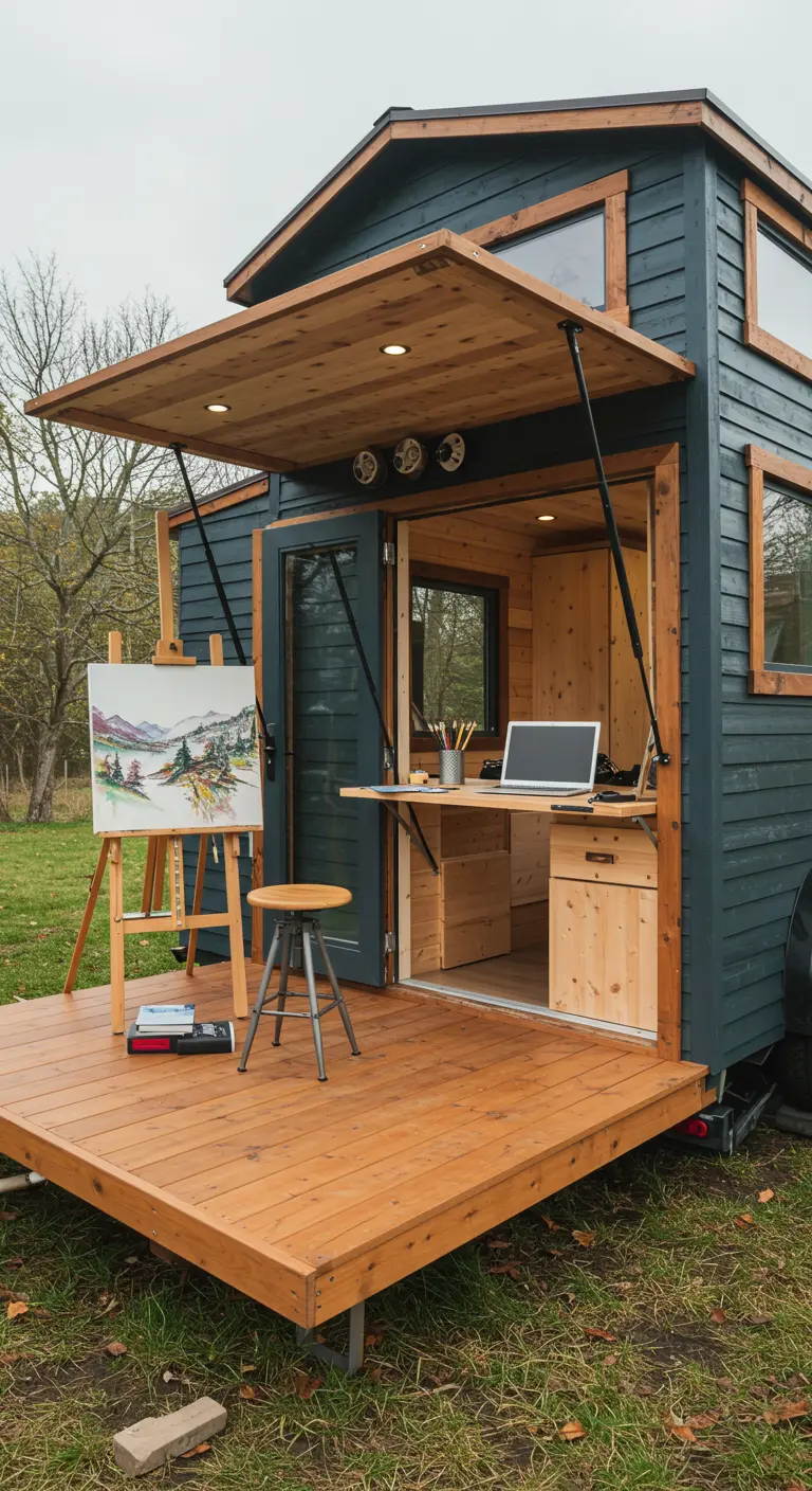 Tiny home deck set up as an outdoor art studio with an easel and laptop.