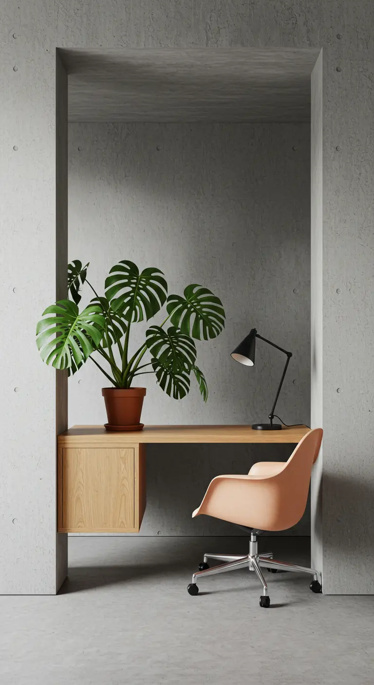 A minimalist wooden desk and chair set inside a niche in a raw concrete wall.