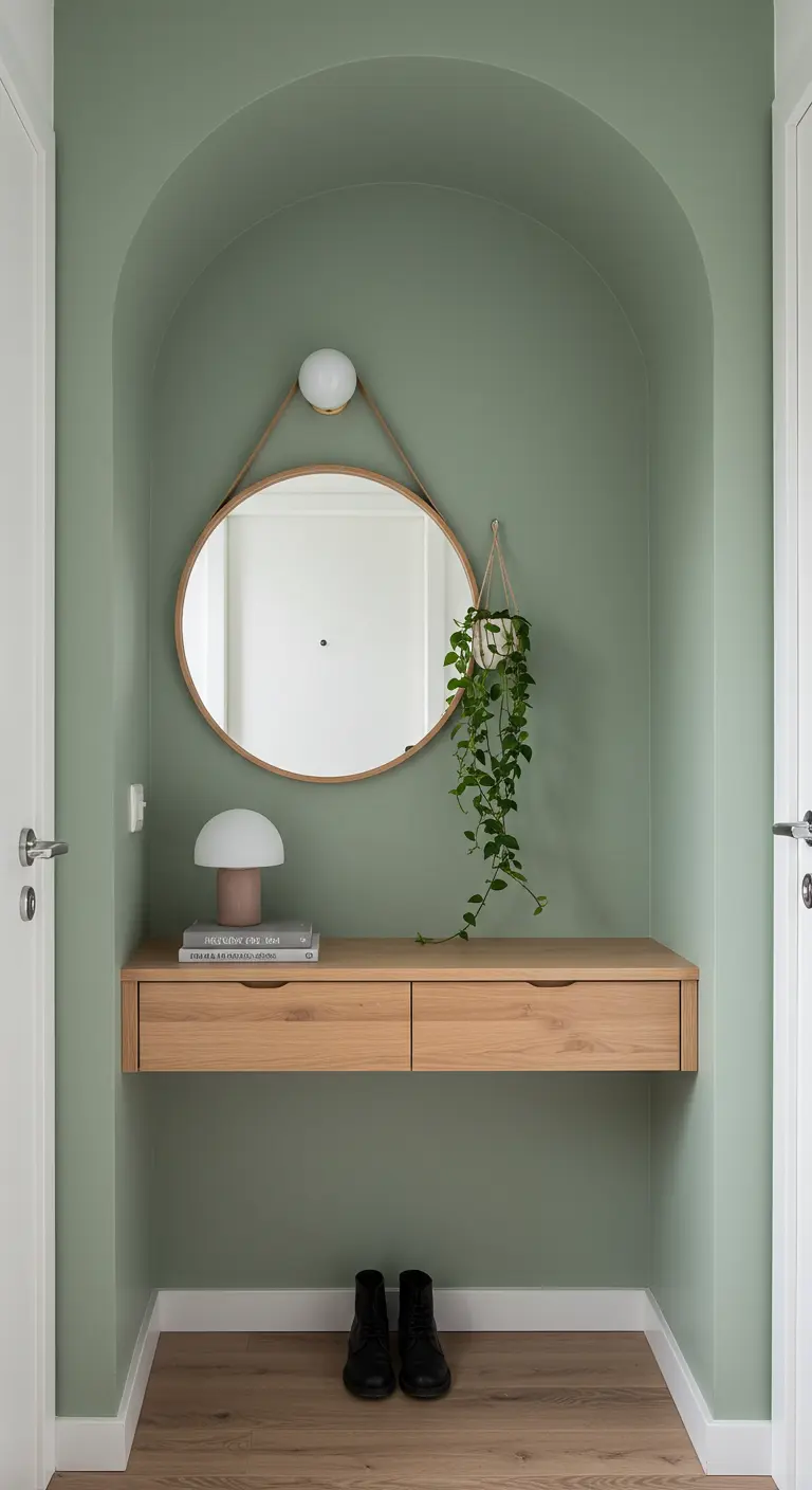 Sage green arched nook with a floating wood console and round mirror.