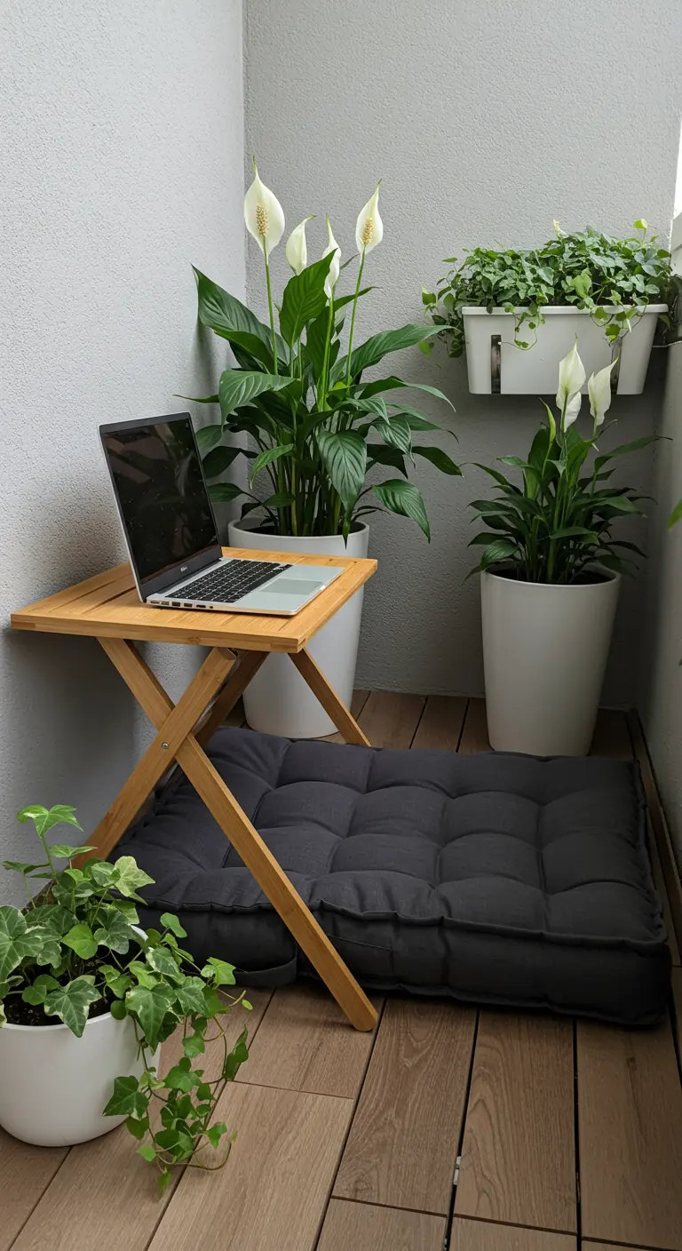 A small balcony corner set up as a workspace with a laptop on a folding table and plants.
