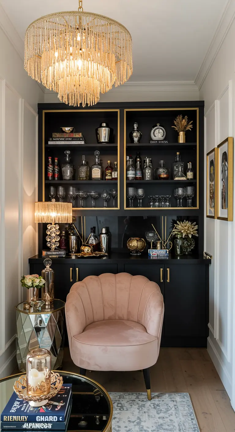 Small home bar with black and gold cabinetry, a pink velvet chair, and a beaded chandelier.