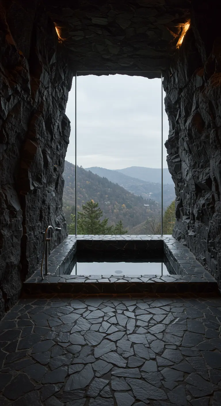 A sunken tub is set within walls of rough, dark stone, creating a cave-like feel with a view.