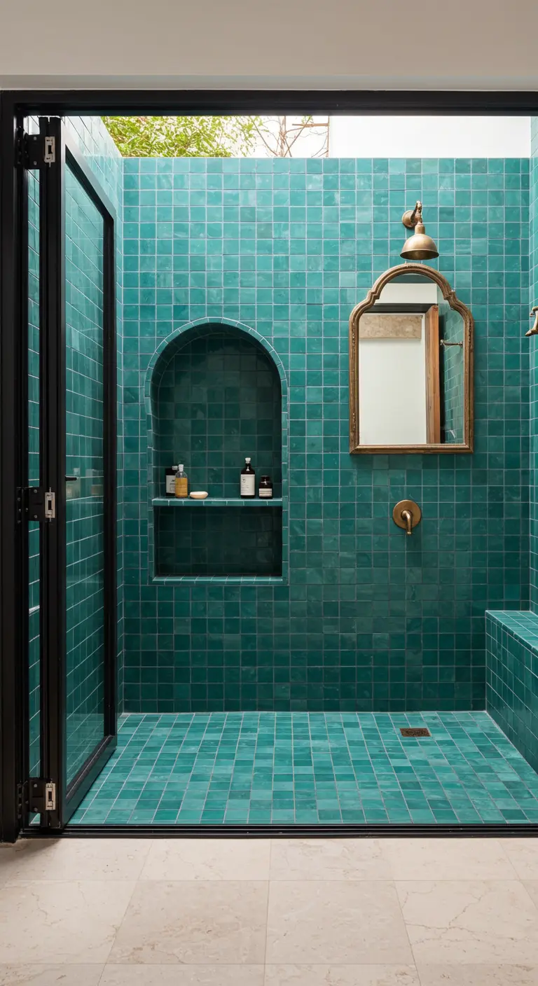 Walk-in shower with teal zellige tiles and a built-in arched niche.